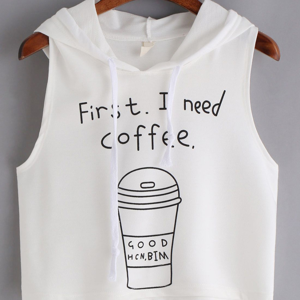 New Coffee Print Hooded Crop Tank Top - Picture 1 of 6
